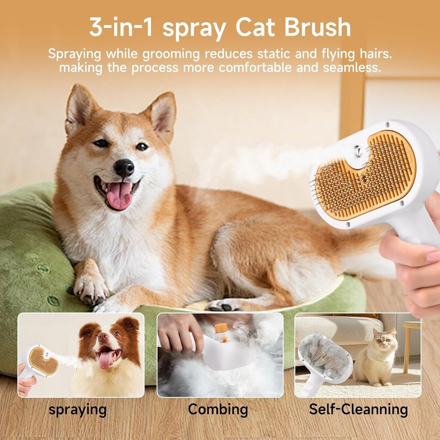 PETS&CLEAN Universal Pet Steam Brush For Cats And Dogs 3-in-1